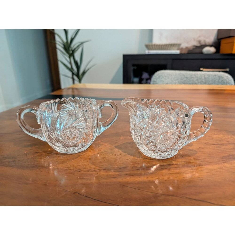 VTG ABP American Brilliant Cut Glass Pinwheel Hobstar Sugar Bowl & Creamer